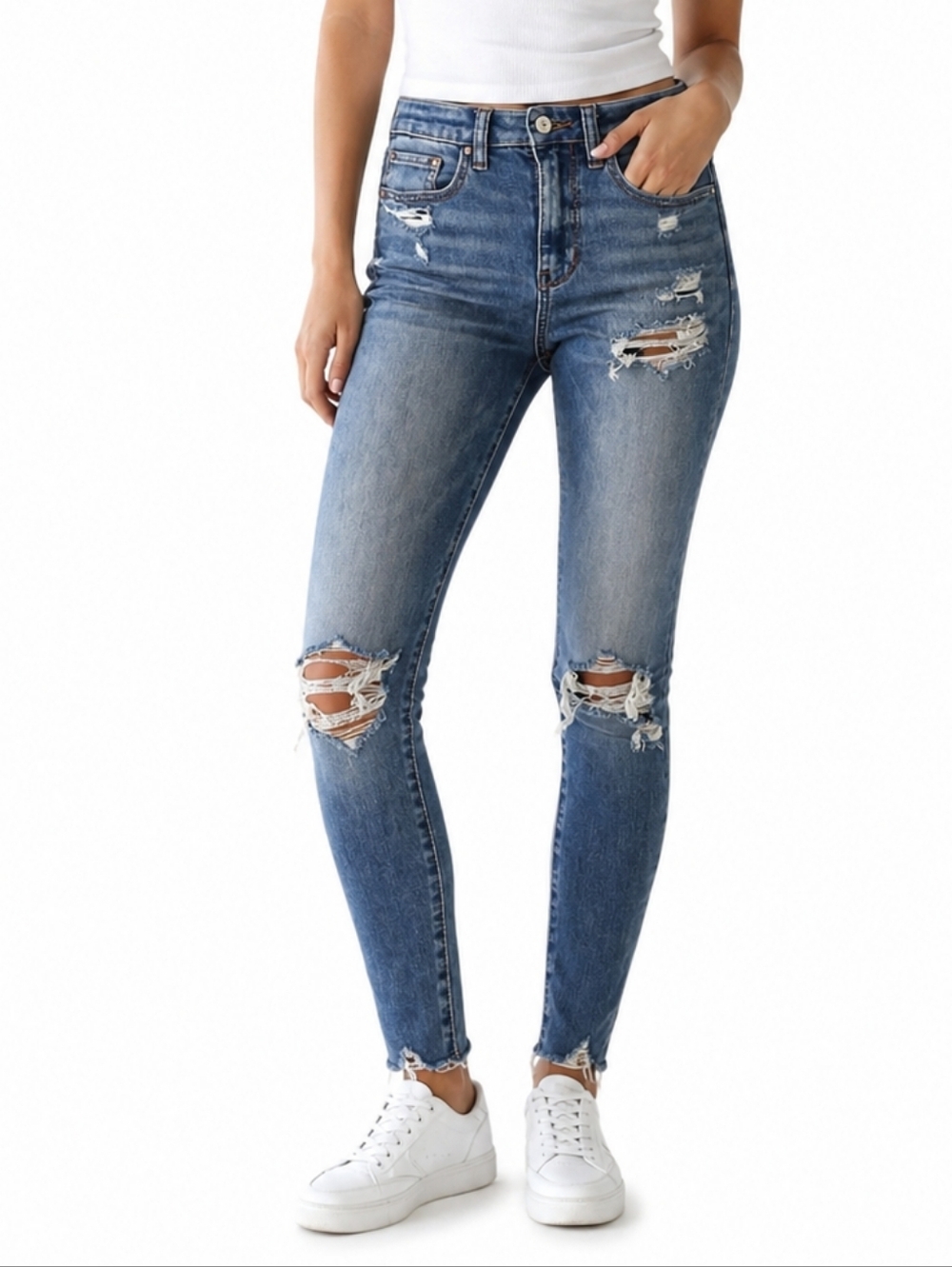 American Eagle Outfitters Distressed Mid-Blue High-Rise Skinny Jeans